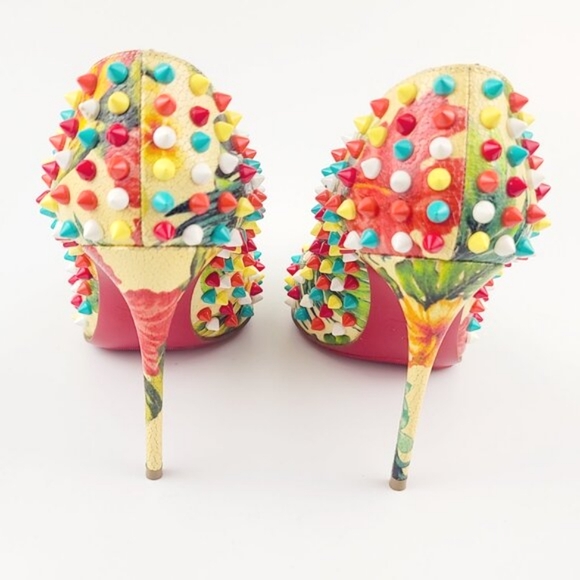 Christian Louboutin HAWAII SPIKE FOLLIES Pumps Multicolor Floral Heels Size 36.5 - Picture 6 of 7